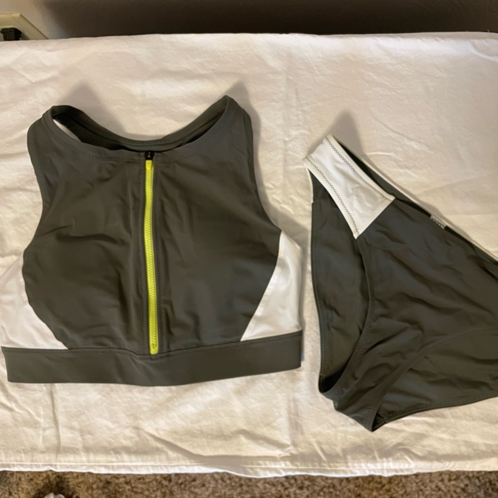 Athleta swim suit zip front.